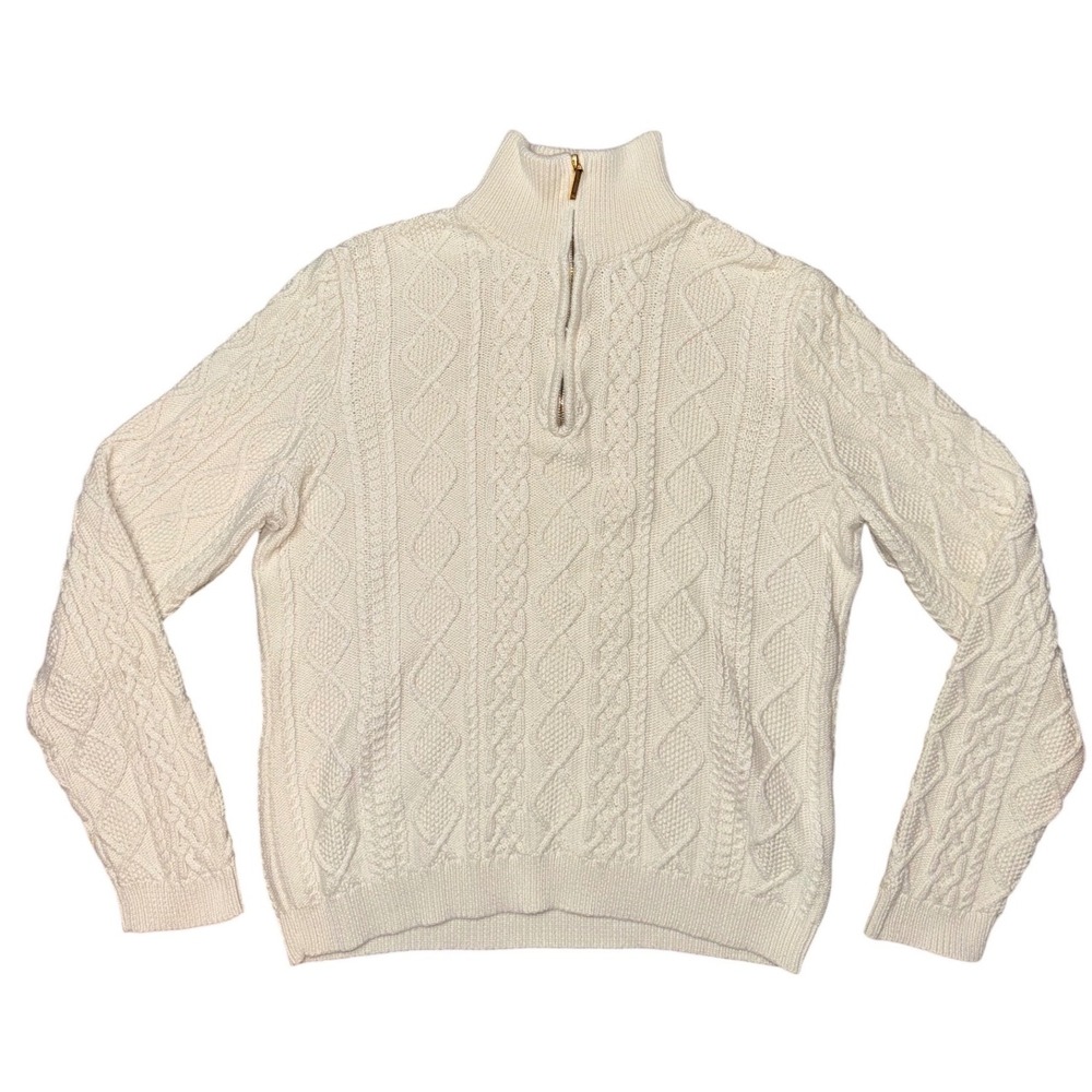 Lauren Ralph Lauren Cream Cable Knit Quarter Zip Cotton Sweater Womens Large
